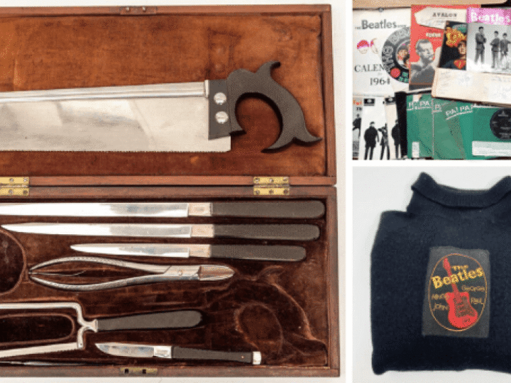 4  lockdown finds including Victorian amputation kit, spider cat pipe and Beatles jumper