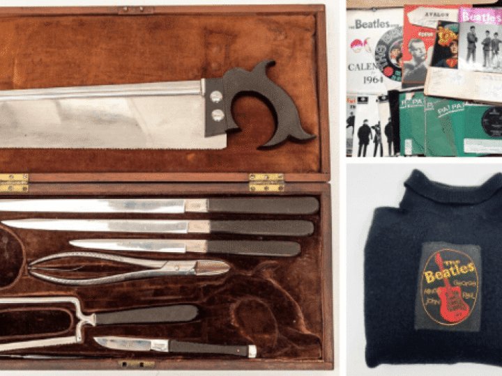 4  lockdown finds including Victorian amputation kit, spider cat pipe and Beatles jumper