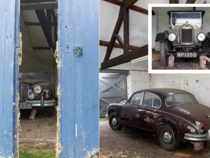 Vintage car treasures including 1960 Jaguar Mark II and child&#8217;s miniature Jag discovered in Derbyshire
